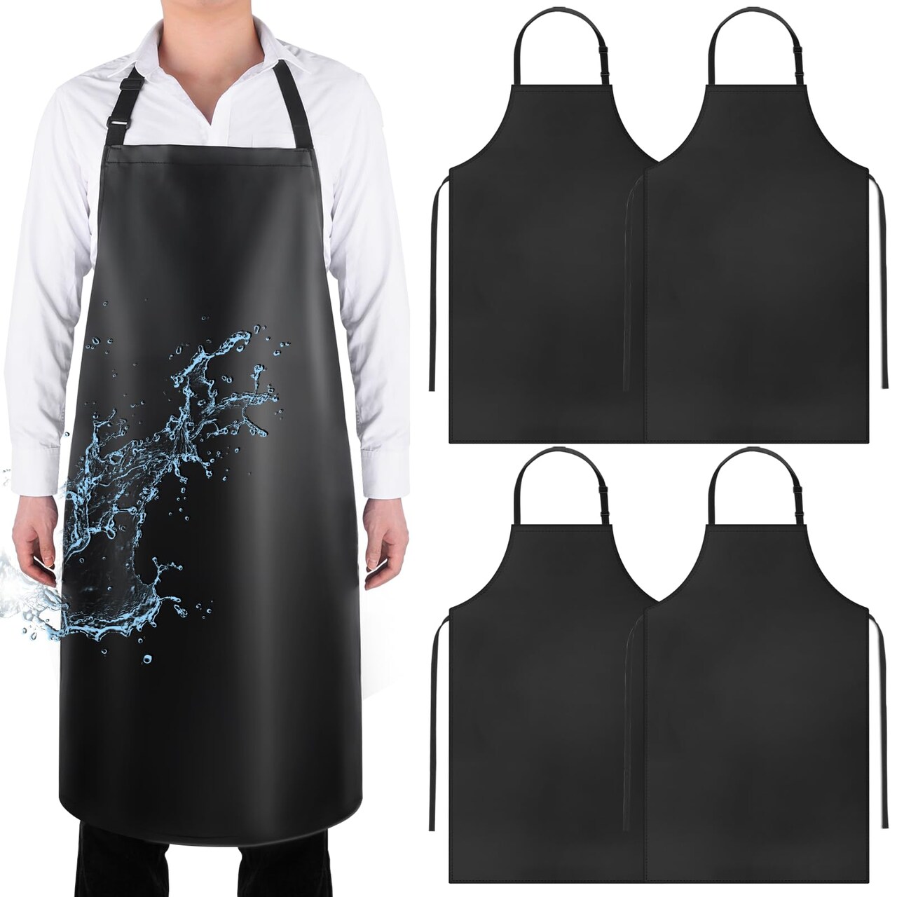 4 Pack Waterproof Rubber PVC Apron Adjustable Dishwasher Apron-Women Men Heavy Duty Work Apron for Dishwashing Chemical Lab Butcher Grooming Black